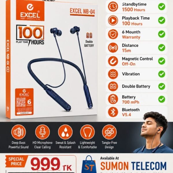 EXCEL NB-04 Wireless Neckband – Premium Sound, Long Backup